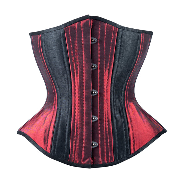 The Burgundy and Black Taffeta Hourglass Cincher, front view.
