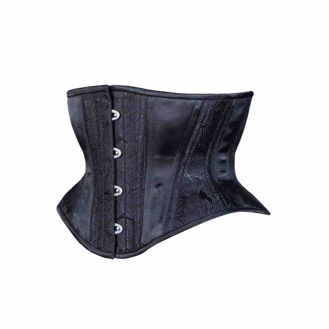 The Black Rose Brocade Short Underbust Corset - Hourglass Silhouette, front and left side view.