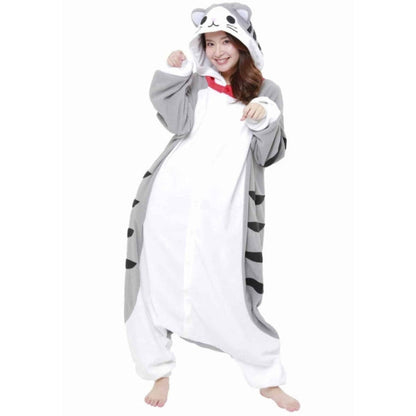 model wearing Tabby Cat Kigurumi hands up like paws