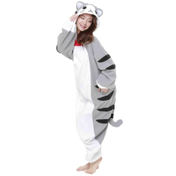 model wearing Tabby Cat Kigurumi facing left/front , right hand holding hood, left hand in pocket