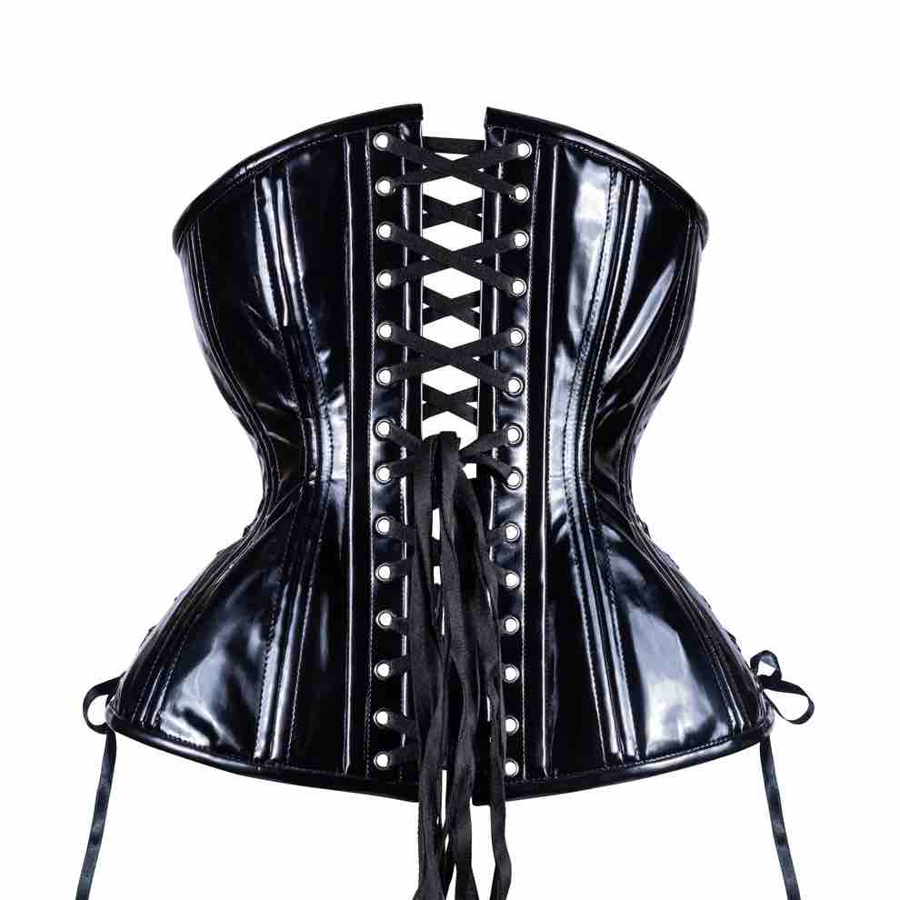 Black Patent PVC Longline Underbust Corset - Hourglass, rear view.