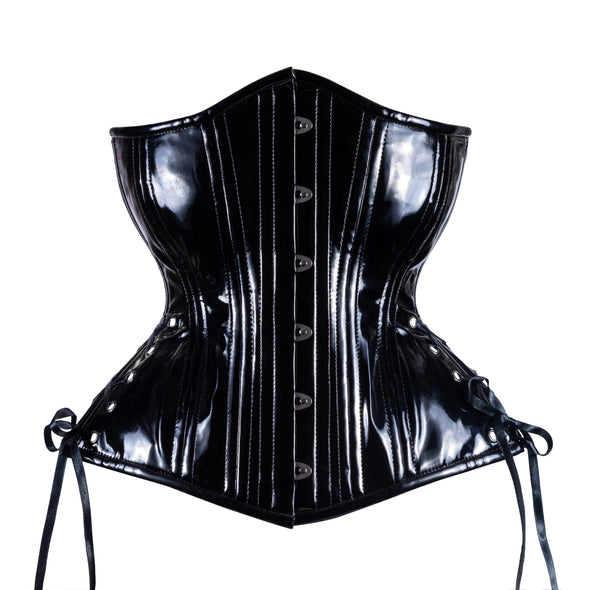 The Black Patent PVC Longline Underbust Corset - Hourglass, front view.