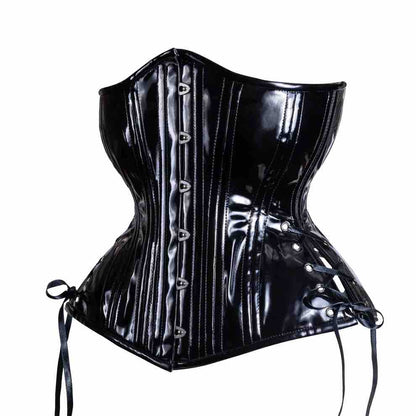 The Black Patent PVC Longline Underbust Corset - Hourglass, front and left side view.