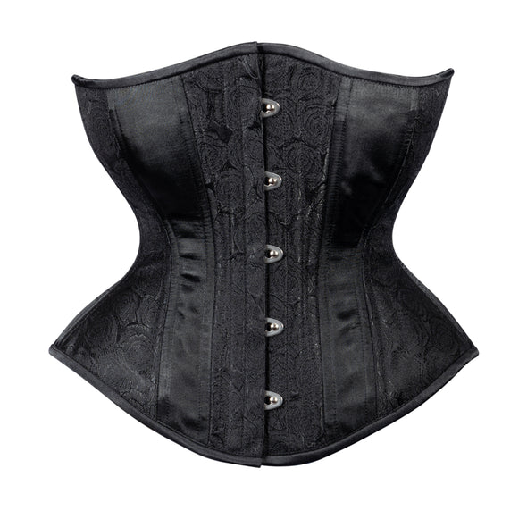 The Black Rose Brocade Mid-Length Underbust Corset -Hourglass Silhouette, front view.