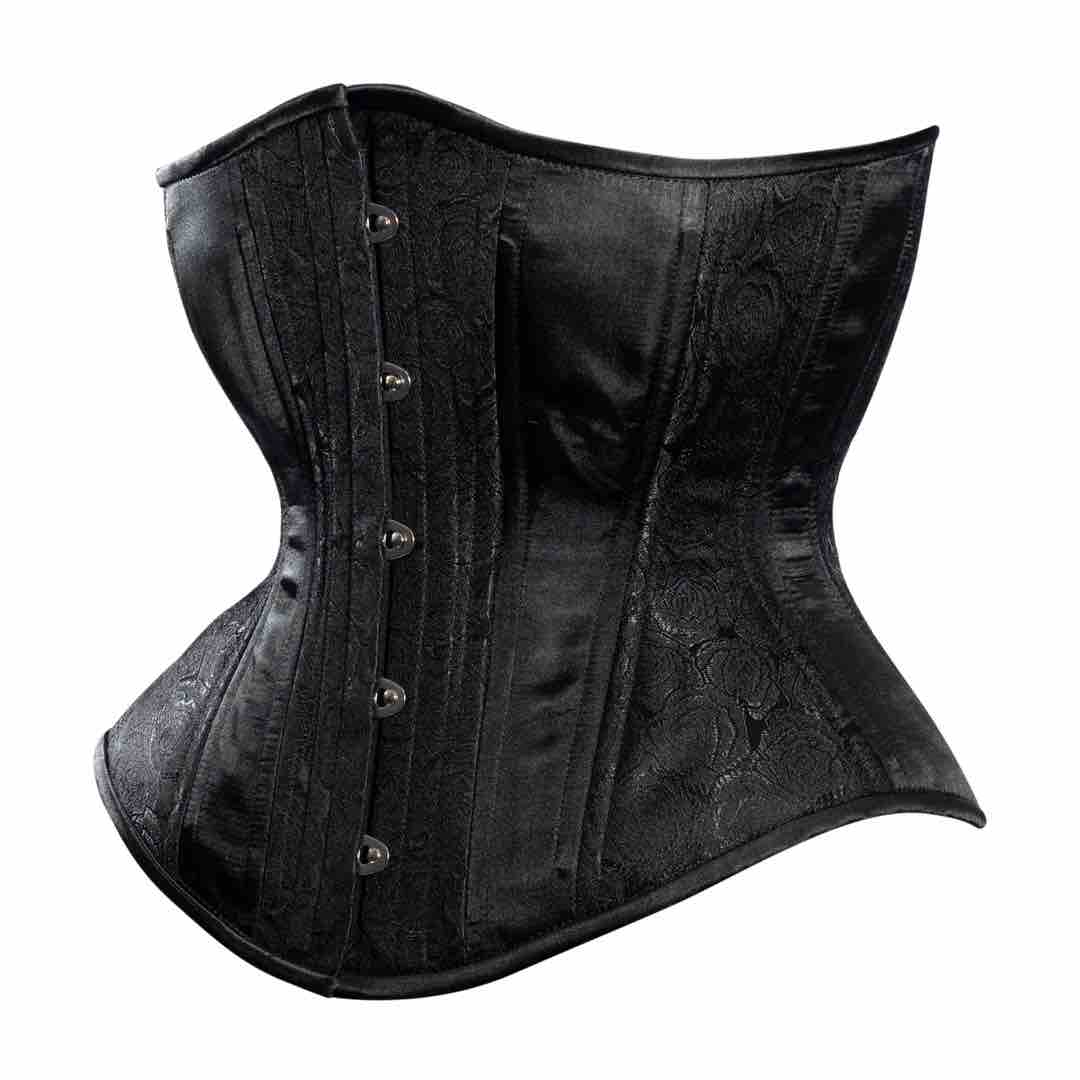The Black Rose Brocade Mid-Length Underbust Corset -Hourglass Silhouette, front and left side view.