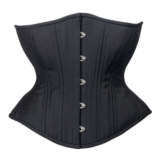 The Black Cotton Cashmere Mid-Length Underbust Corset - Hourglass Silhouette, front view.