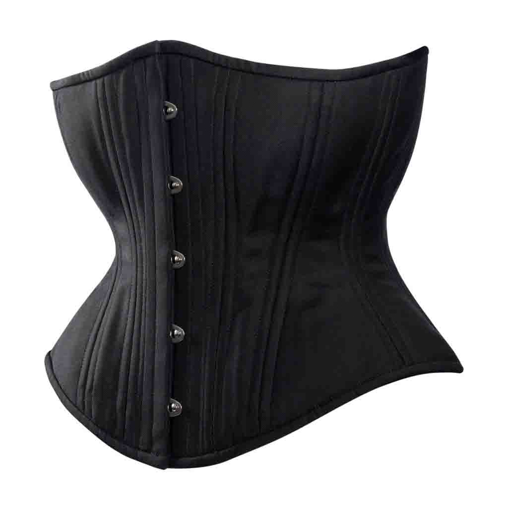 The Black Cotton Cashmere Mid-Length Underbust Corset - Hourglass Silhouette, front and right side view.