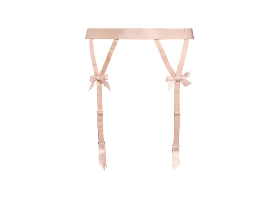 The Fantacist Antique Peach Bow Suspenders, front view.