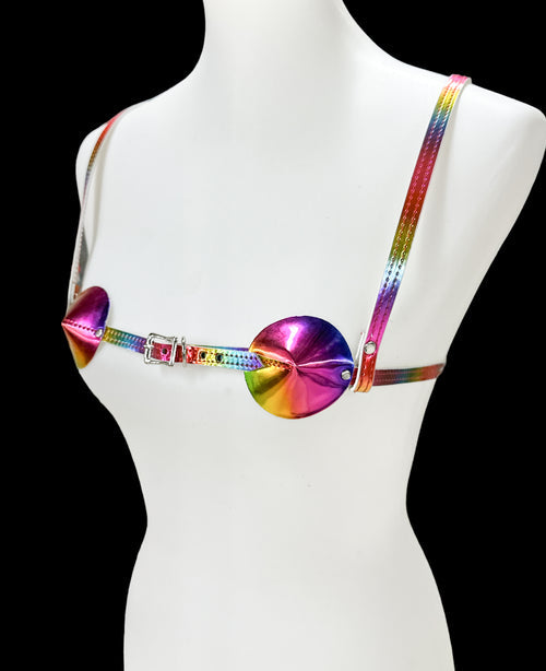 Rainbow Holographic  Pasties harness on a mannequin.