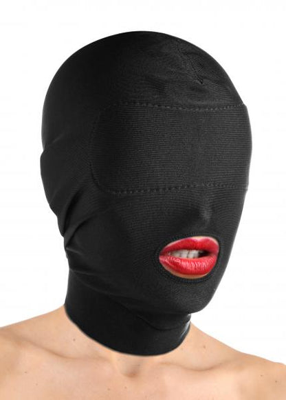 A model with red lipstick wearing the Master Series Spandex Bondage Hood.