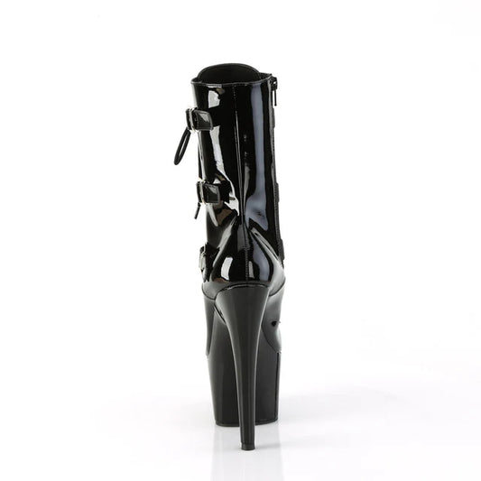 Step boldly with the Adore-1043 Ankle Boots, where fashion meets daring desire. These boots boast a powerful 7-inch heel paired with a 2 3/4-inch wrapped platform, commanding attention with every step. The lace-up front and triple buckle straps give you a custom fit with an edge, while the convenient inner side zip closure ensures a seamless on-and-off experience. Make a fearless fashion statement and leave an unforgettable impression wherever you go with the Adore-1043.