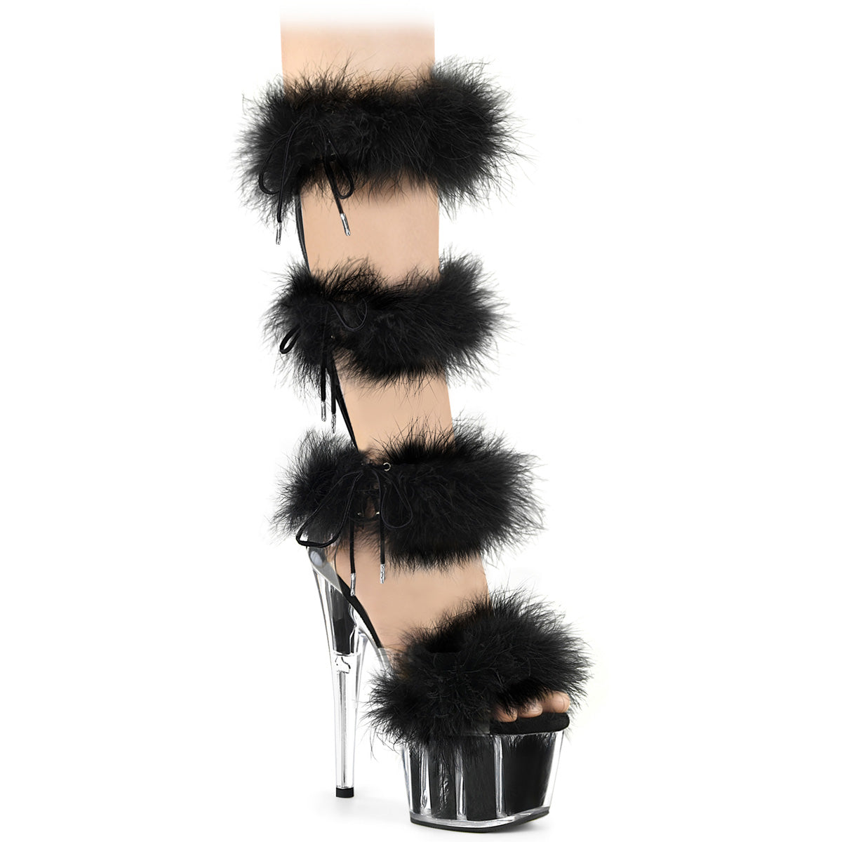 A model's leg and foot wearing the black Adore Marabou Knee High Sandals with Back Zip.