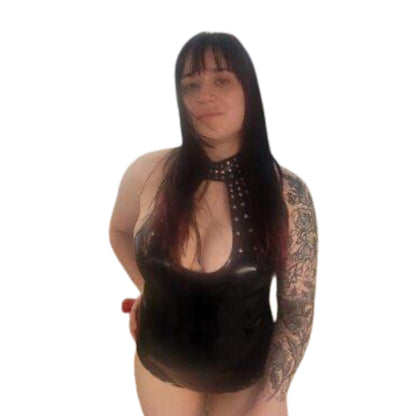 model wearing Astral Latex Bodysuit, with hand on the hip
