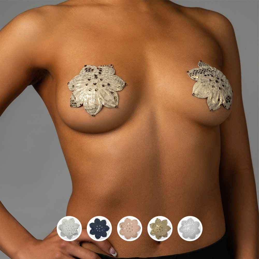 Model wearing Gold Athens Deluxe Reusable Pasties by Blissidy, with a graphic of sample colors.