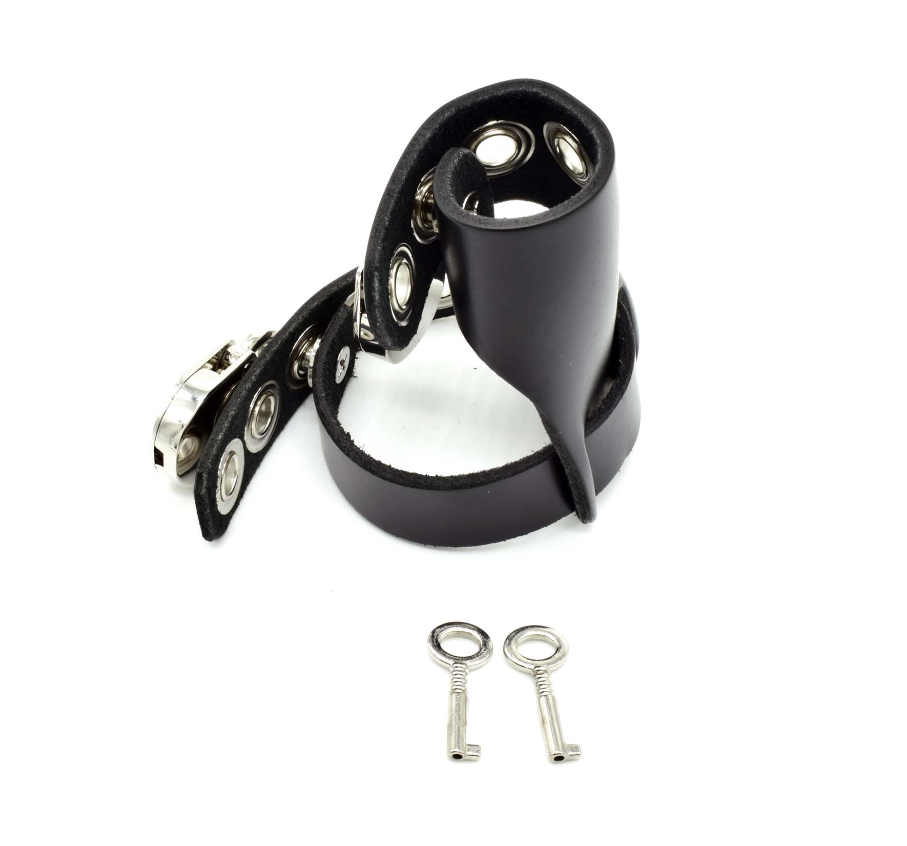 The Cock Lock Latigo Chastity Cage in the closed position with two locks and a set of two keys standing on its end, topside view.