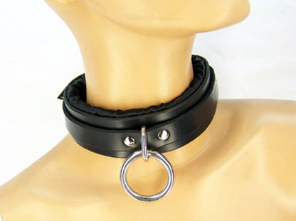 A mannequin displaying the front of the Black Satin Lined Bondage Collar.