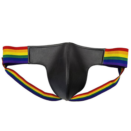 Leather Jock Strap with Multicolored Pride Stripe