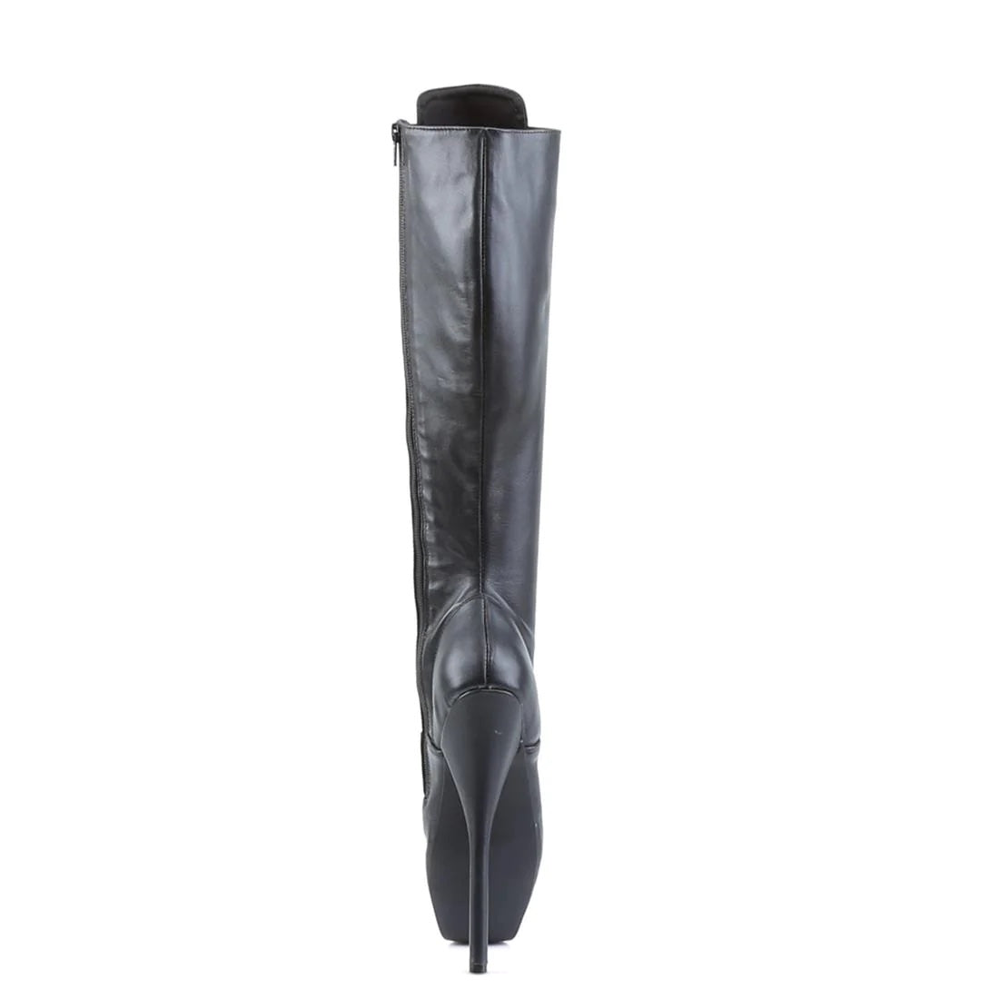 The black Leather 7" Ballet Lace Up Knee High Boot, rear view.