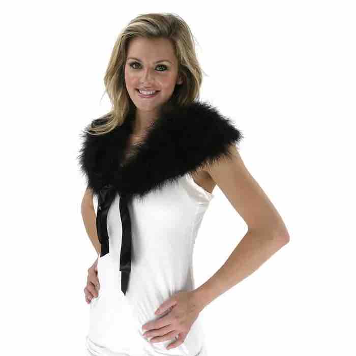 A model wearing the black Marabou Capelet.