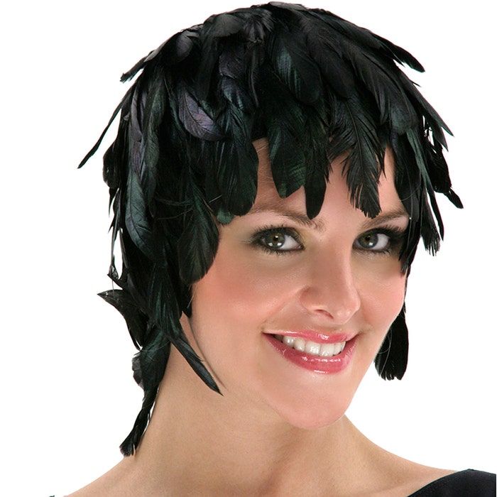 A model wearing the black Schlappen Feather Wig.