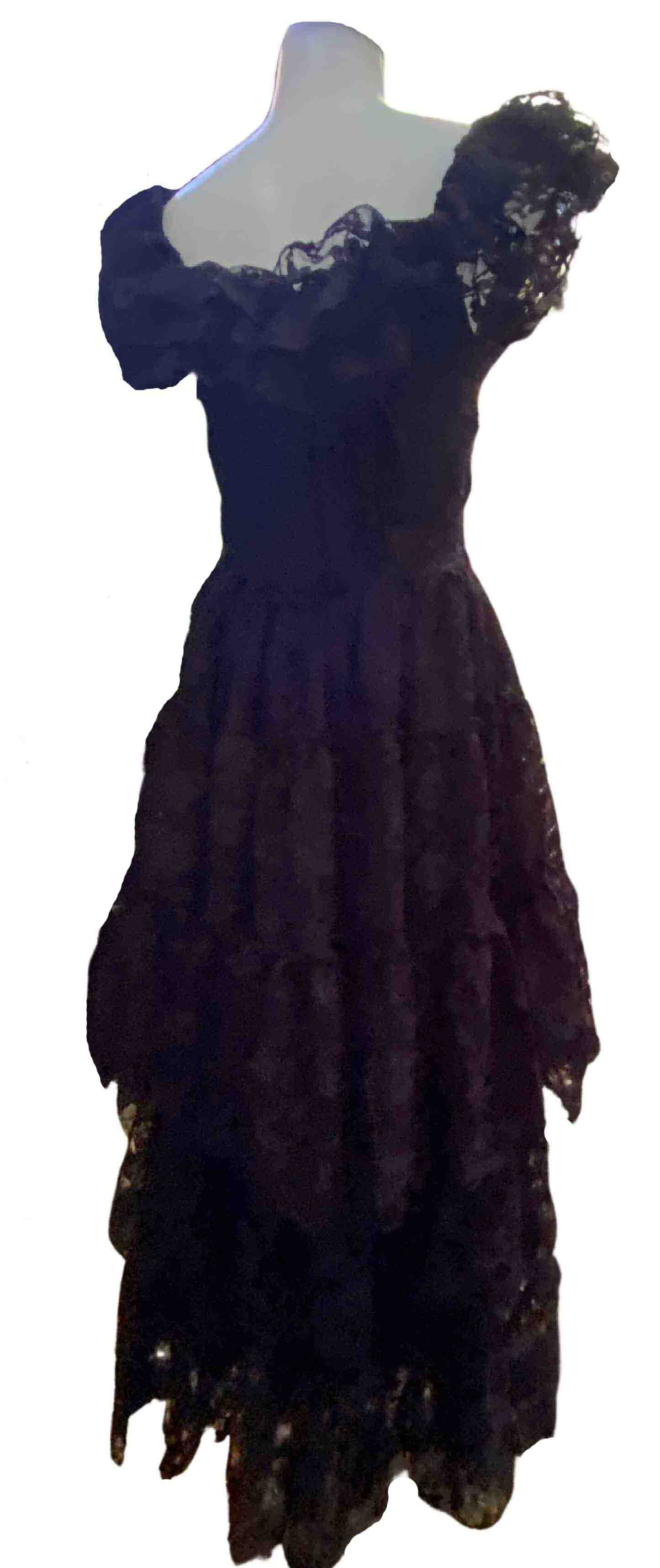 The black Lace Wednesday Off Shoulder Dress, front view.