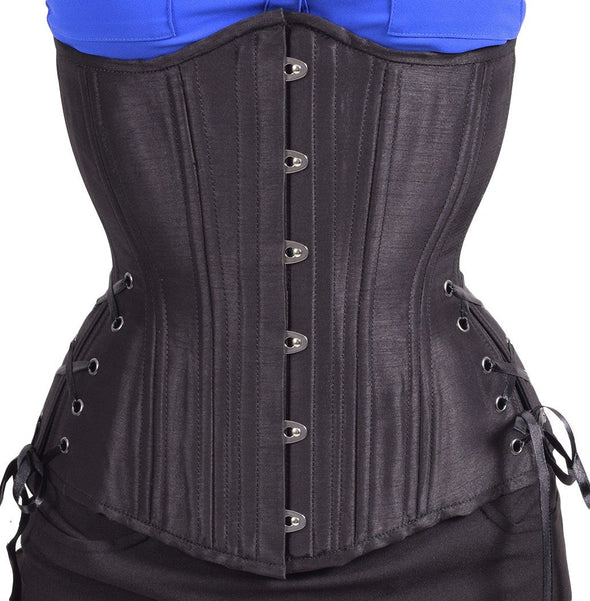 The Black Taffeta Longline Underbust Corset in Hourglass Silhouette, front view.