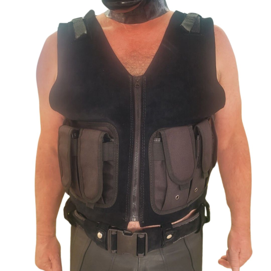 Model wearing Hand Stitch Leather Cargo Vest , with hand along sides