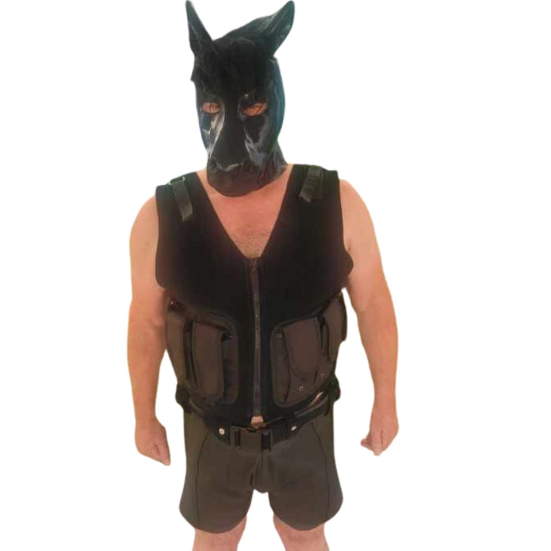 Model wearing Leather Pouch Shorts with Spandex Panels with leather cargo vest and Latex horse hood