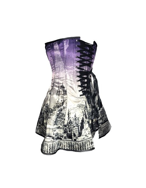 The purple castles Skirted Overbust Corset, side view.