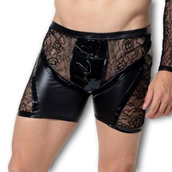 A model wearing the Storm Patent & Lace Boxer Brief, front view.