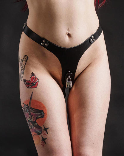 A model wearing the Adjustable Leather Vaginal Chastity Belt, front view.