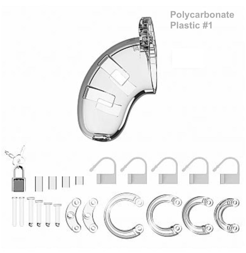 The clear polycarbonate plastic Mancage Chastity Device model #1 with all of its attachments.