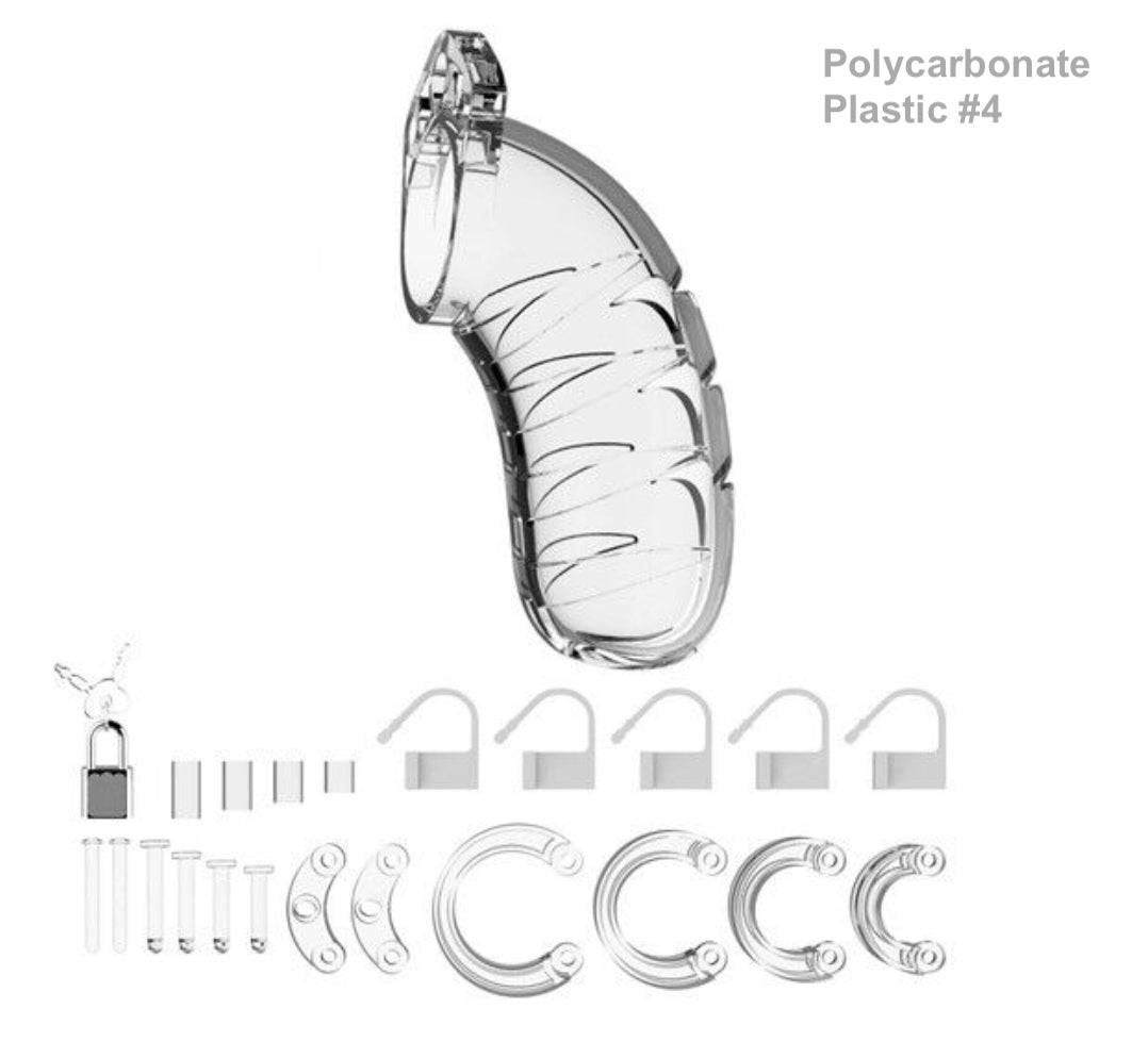 The clear polycarbonate plastic Mancage Chastity Device model #4 with all of its attachments.