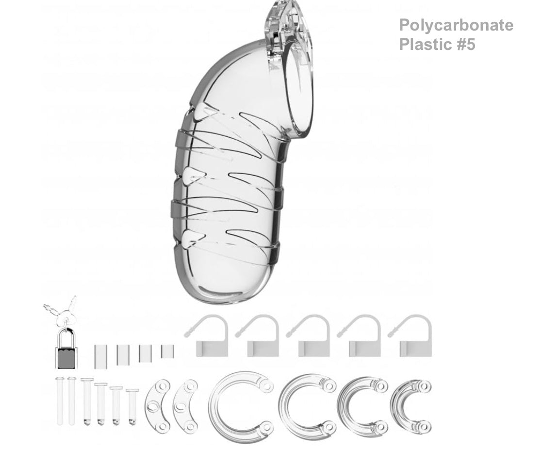 The clear polycarbonate plastic Mancage Chastity Device model #5 with all of its attachments.
