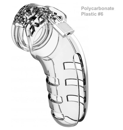 The clear polycarbonate plastic Mancage Chastity Device model #6.