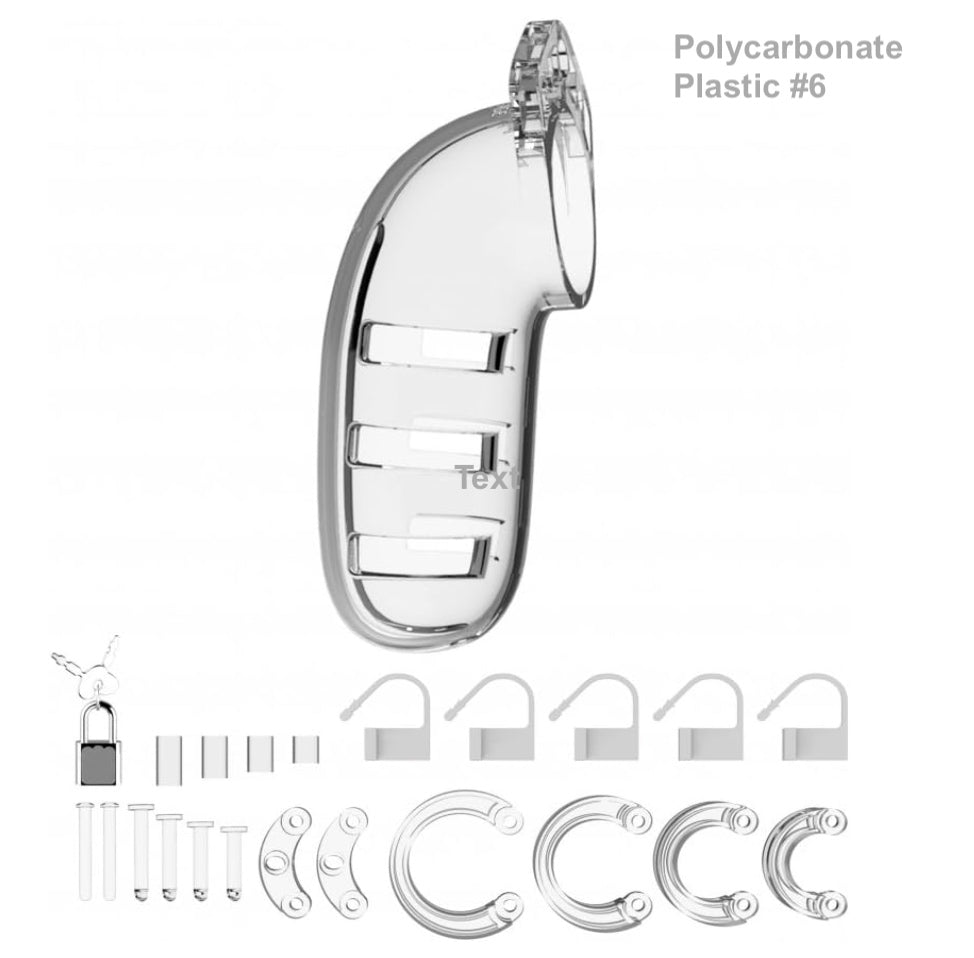 The clear polycarbonate plastic Mancage Chastity Device model #6 with all of its attachments.