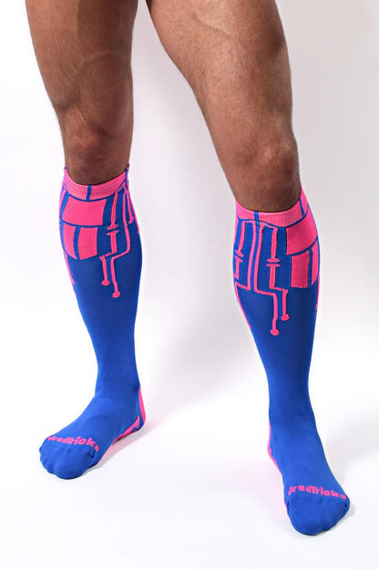 cybertech socks neon pink and blue on male model front view