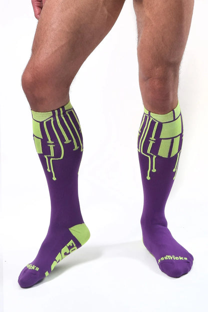 cybertech socks neon yellow and purple on male model front view