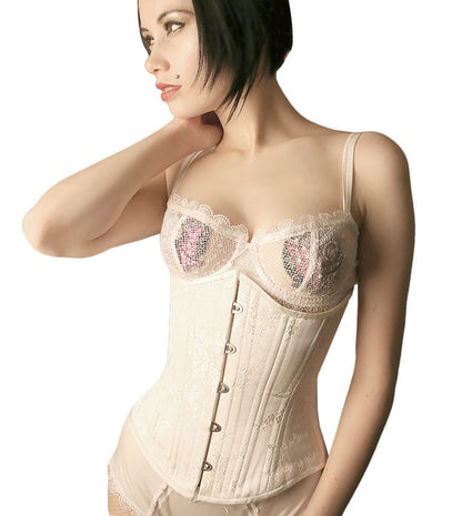 White Cherry Floral Brocade Mid Length Underbust Corset Slim, front on model..