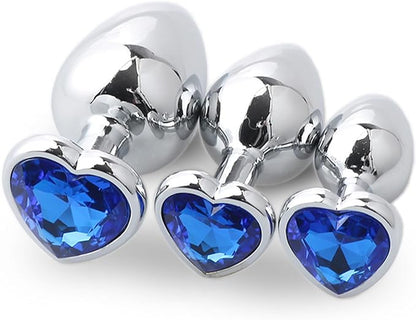 Three Steel Heart Jewel Anal Plugs of different sizes with dark blue heart jewels.