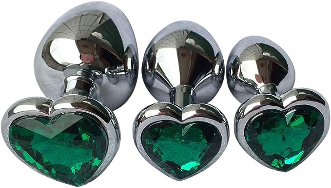 Three Steel Heart Jewel Anal Plugs of different sizes with dark green heart jewels.