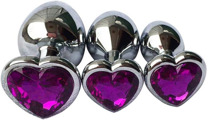 Three Steel Heart Jewel Anal Plugs of different sizes with dark purple heart jewels.