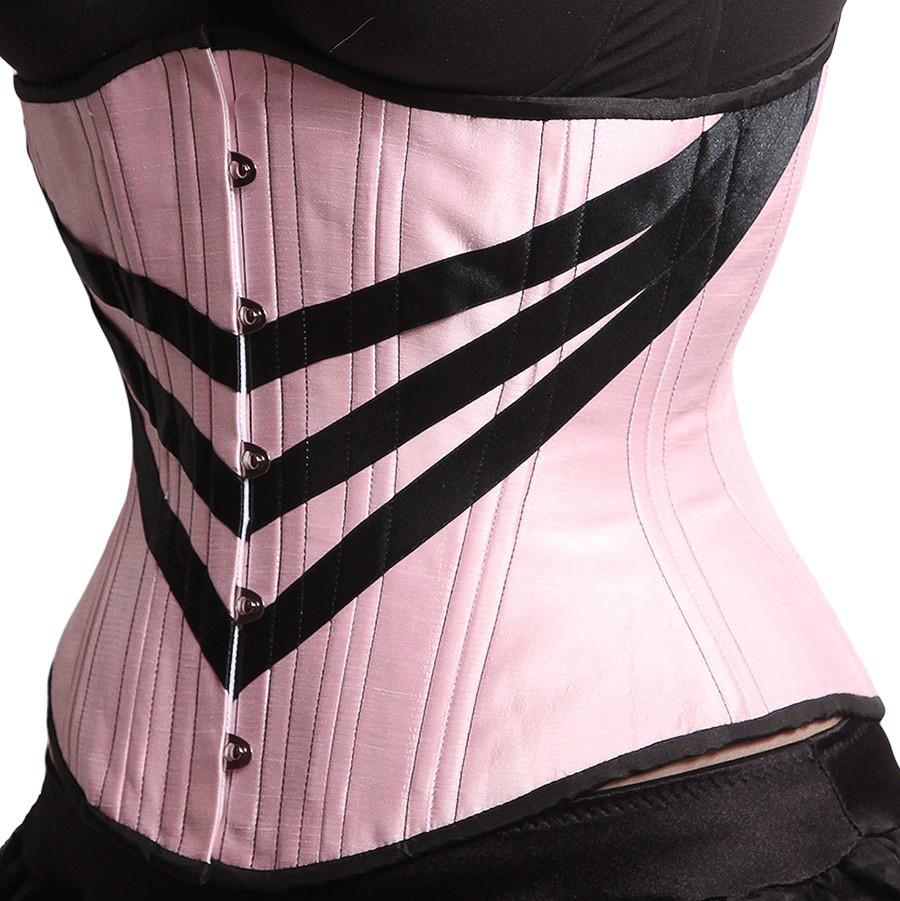 The PInk Silk Triple V Mid-Length Underbust Corset - in Hourglass Silhouette, front and left side view on model.