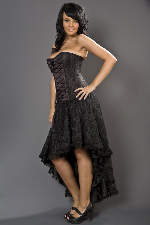 A model wears the black Lace Elizium Skirt with a black corset.