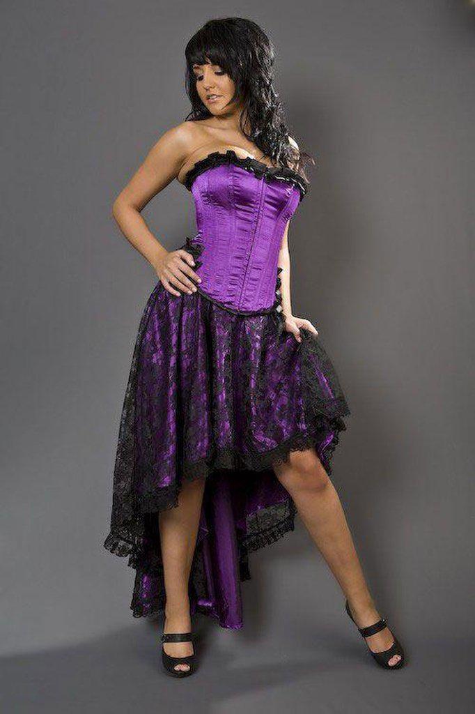 A model wears a purple corset with the black and purple Lace Elizium Skirt.