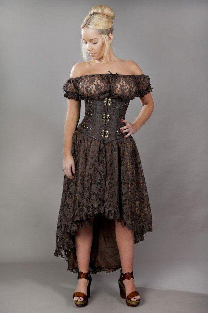 A model wears the brown Lace Elizium Skirt with a brown lace top and underbust corset.