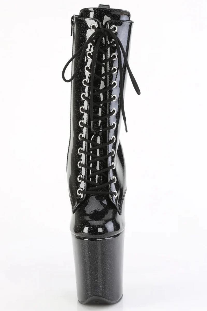 The front of the black Flamingo 8" Heel Glitter Vinyl Ankle Boot.