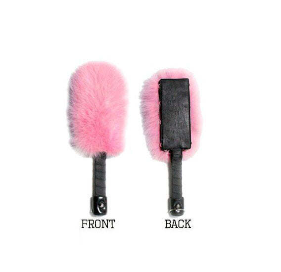 An illustration showing the front and back of the  baby pink Fox Fur and Leather Paddle.