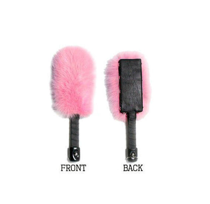 An illustration showing the front and back of the  baby pink Fox Fur and Leather Paddle.