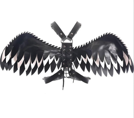 The outside of the Black and White Winged Cupid Leatherette Wrap Harness.